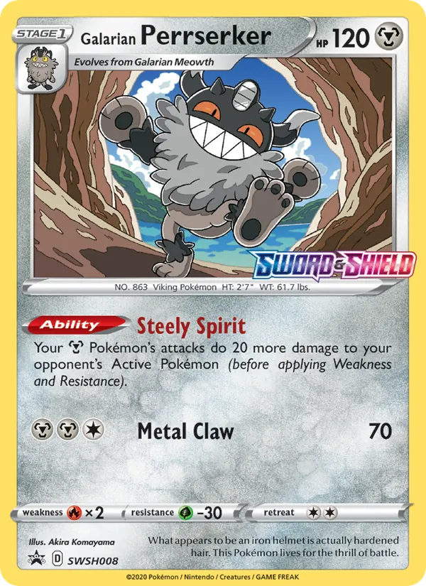 Galarian Perrserker SWSH008, prerelease base reference scan