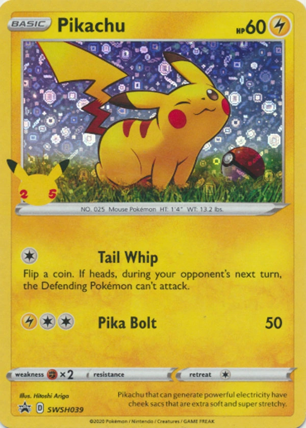 Pikachu #SWSH039, English General Mills 25th Anniversary sequin holo promo reference image