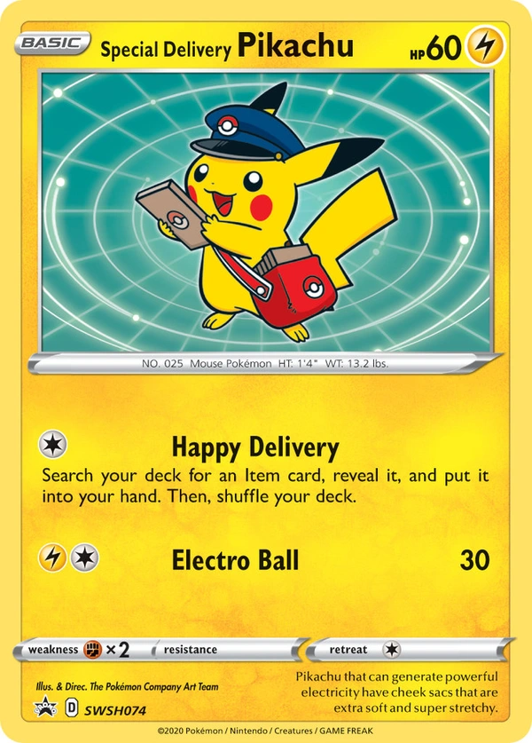 Special Delivery Pikachu #SWSH074, English SWSH Black Star Promos promo, reference image