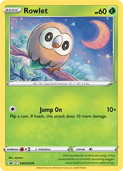 Rowlet #SWSH220, English promo official card database image (cosmos holo pattern not shown)