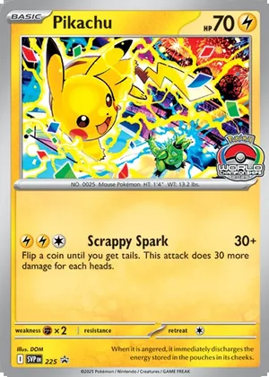 Pikachu #225, English 2025 World Championships winner stamped promo reference image