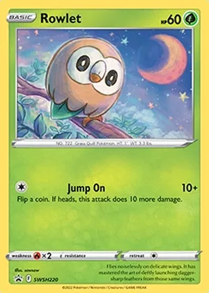 Rowlet #SWSH220, English promo official card database image (cosmos holo pattern not shown)