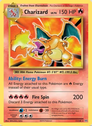 Charizard 11/108, base reference; stamps unverified